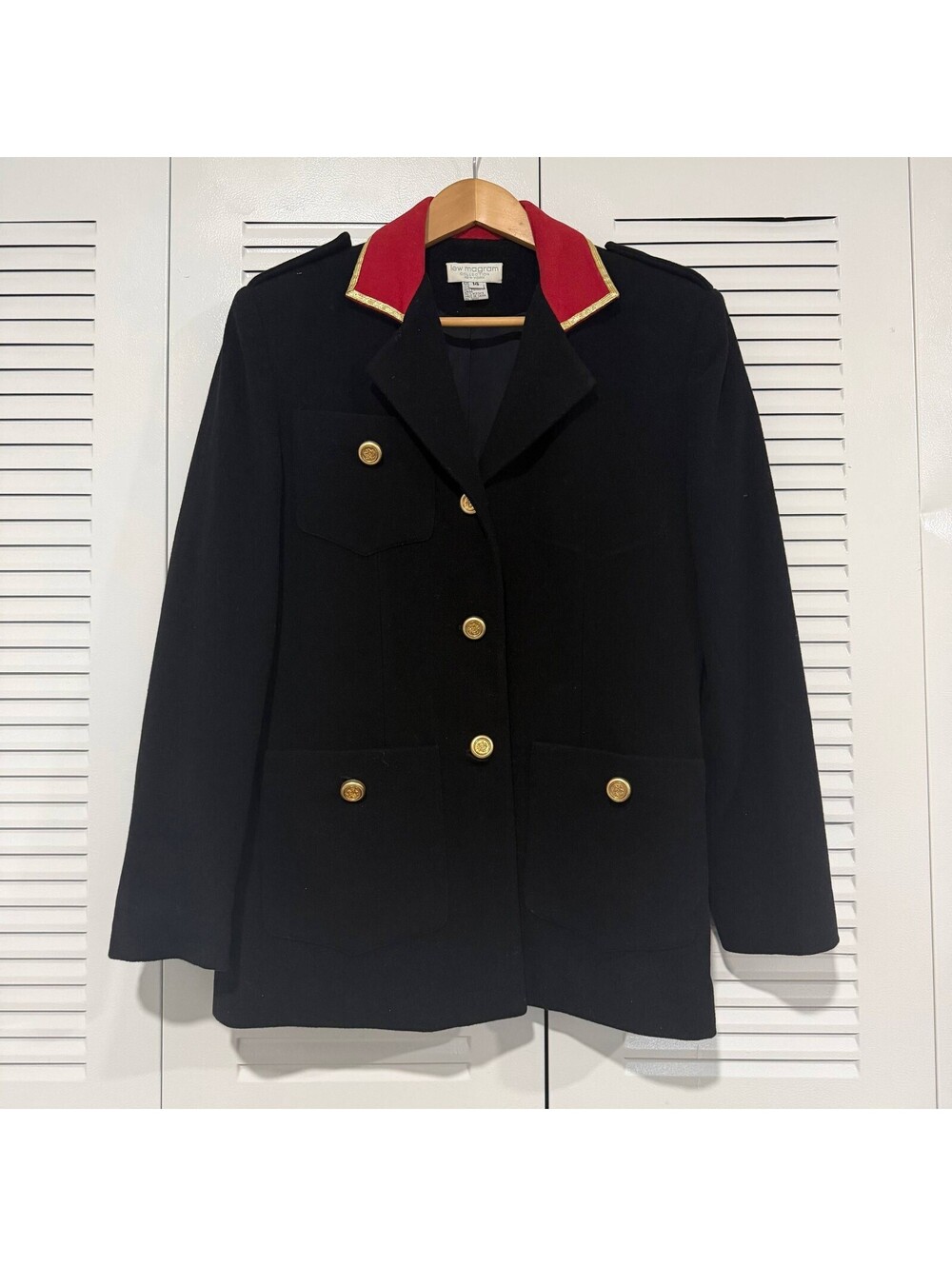 Vintage Lew Magram Collection Size 14 Wool Cashmere Military Blazer Jacket Black